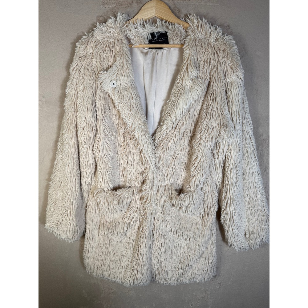 Sanctuary Shaggy Faux Fur Coat Women Medium Cream Ivory Long Pile Shag Jacket